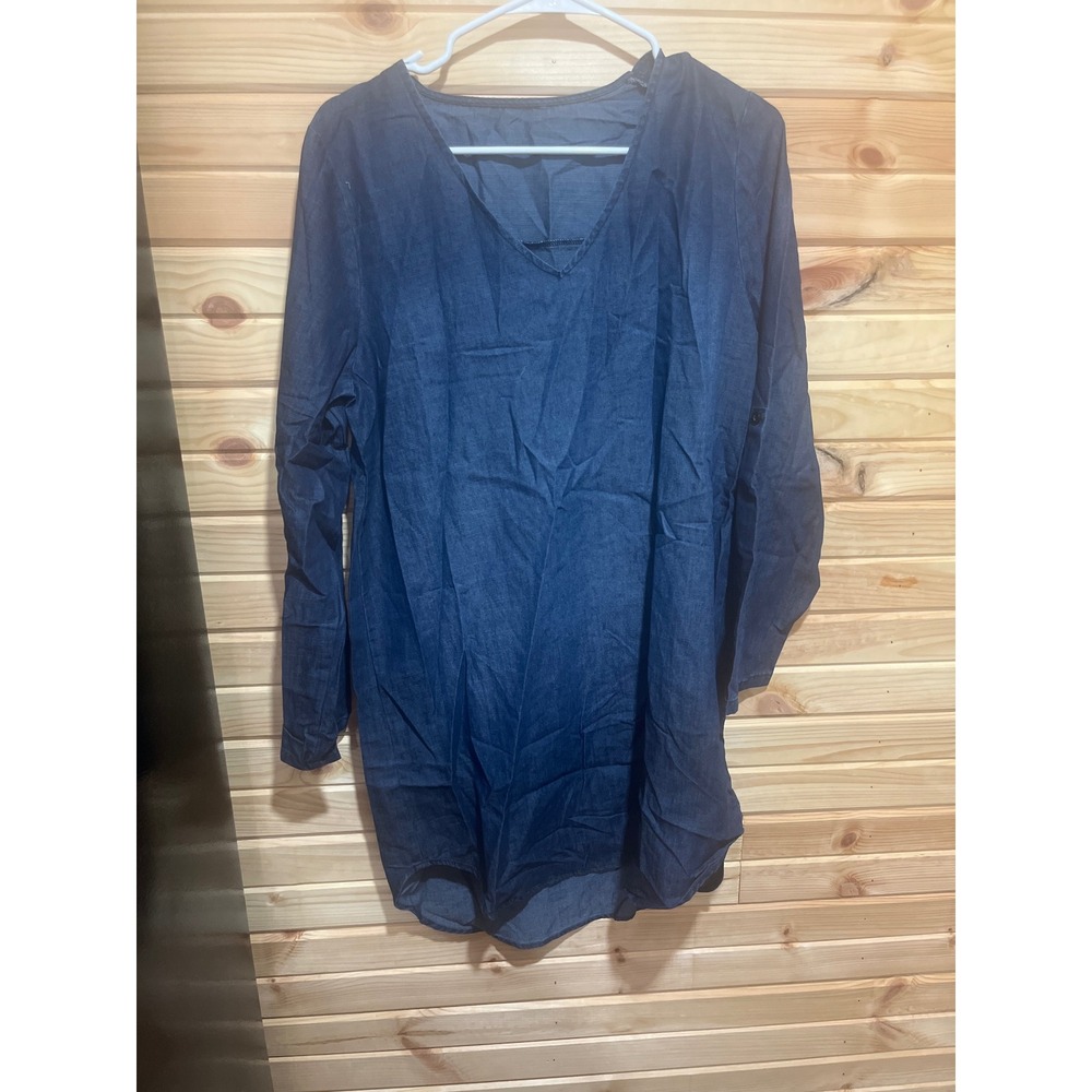 CUPSHE Blue Chambray V-Neck Tunic Top Long Sleeve Shift Cover Up Medium NEW